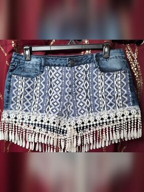 Lei Denim Jean Shorts with Fun Y2k Print And Fringe